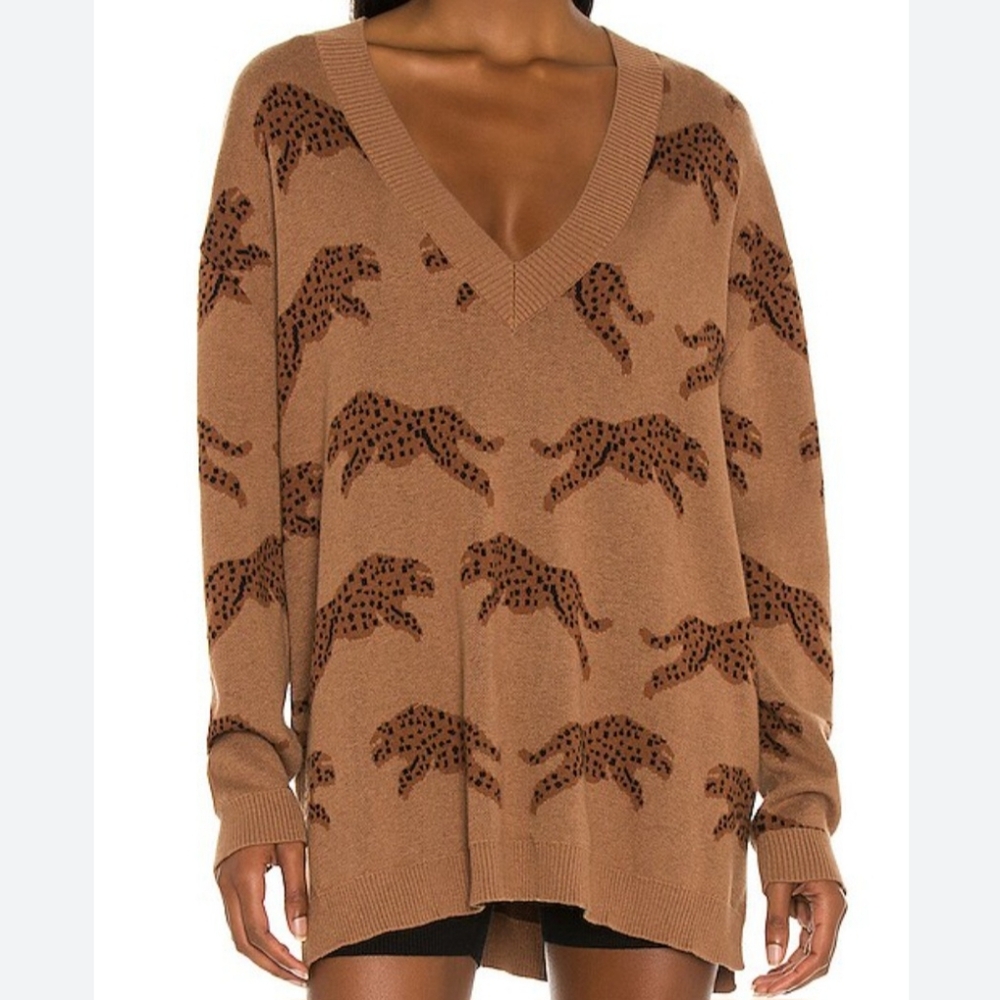 Show Me Your Mumu Gilligan Sweater Women's Jumping Cheetah Knit V-neck Brown L